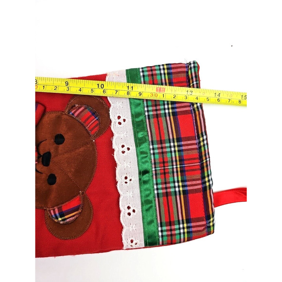 Vintage Christmas Stocking Teddy Bear Red Plaid Cotton Suede Music Pocket 13 in - Picture 6 of 8
